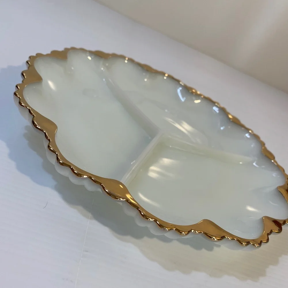 Vintage Antique Divided Serving Dish Holiday Depression Milk Glass White Gold